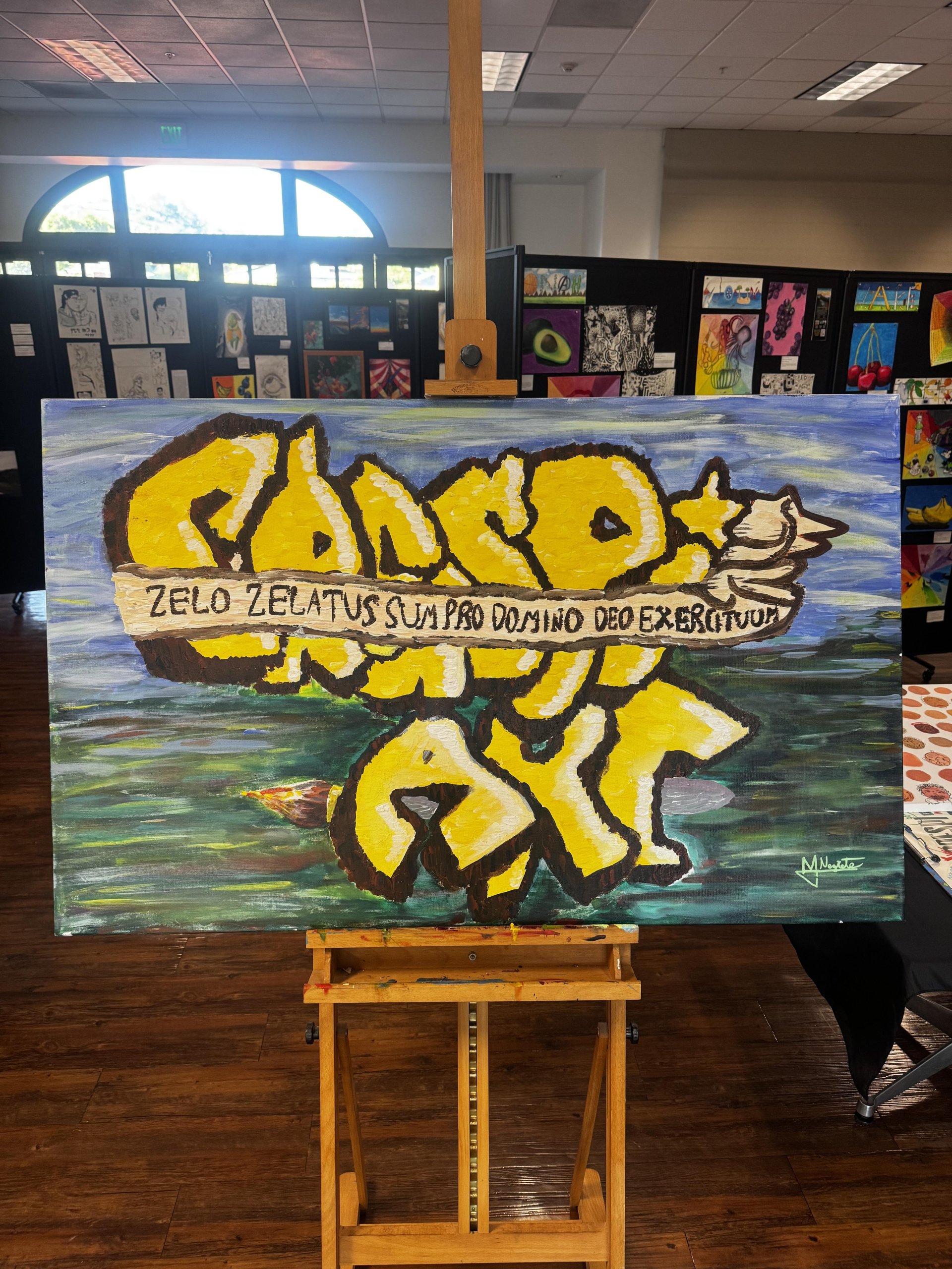 A featured student painting welcomes guests to the Fine Art Festival.