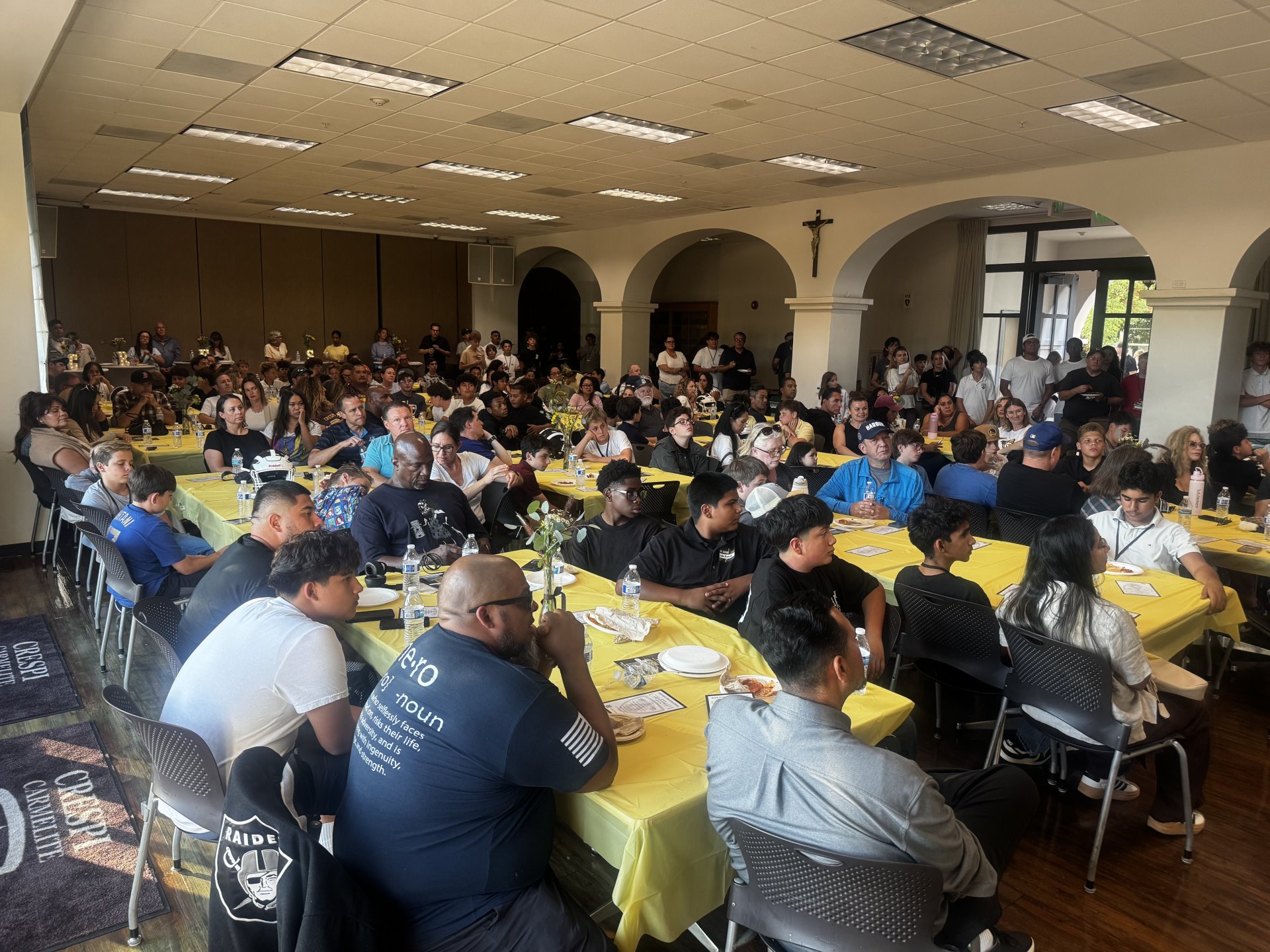 Prospective, future Celts and their parents engaging with other Crespi community members before being addressed by President, Dr. Ken Foersch, and Principal, Dr. Liam Joyce.
