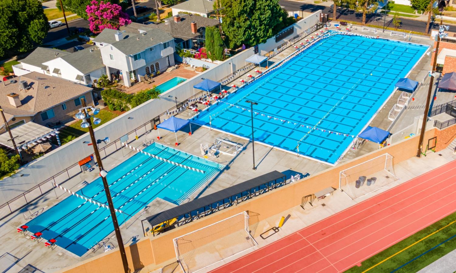 angled aerial view of full pool complex