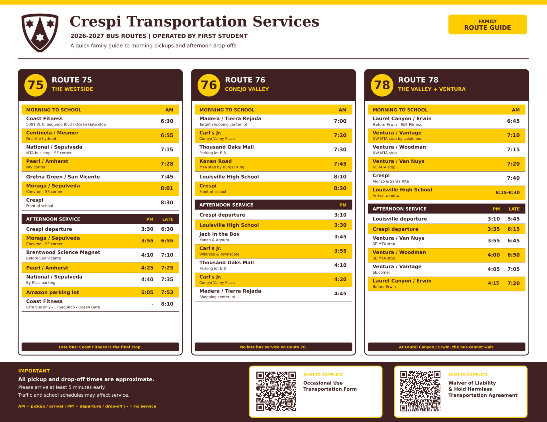 Crespi Transportation Services 2026–2027 family route guide showing three columns for Routes 75, 76 and 78 with morning and afternoon stop times and pickup/drop‑off locations.
