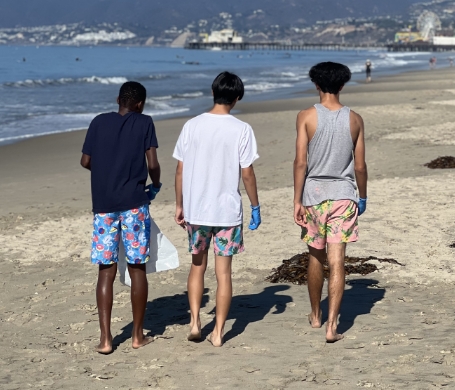 students cleaning up a beach